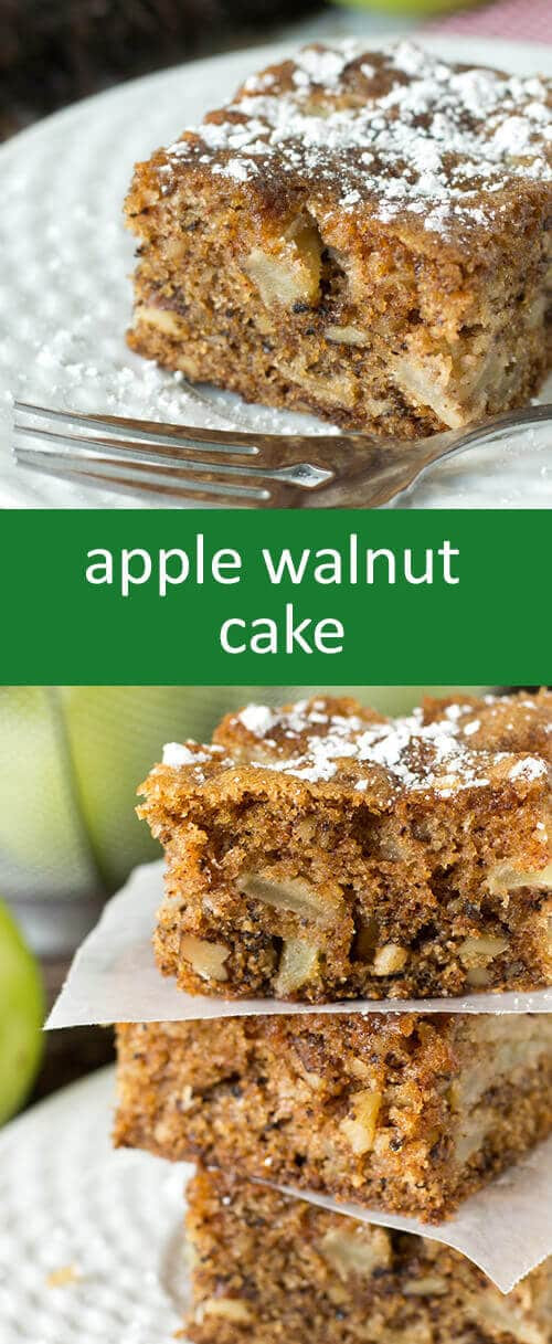 Apple Walnut Cake
 Apple Walnut Cake Snack Cake with Powdered Sugar Topping