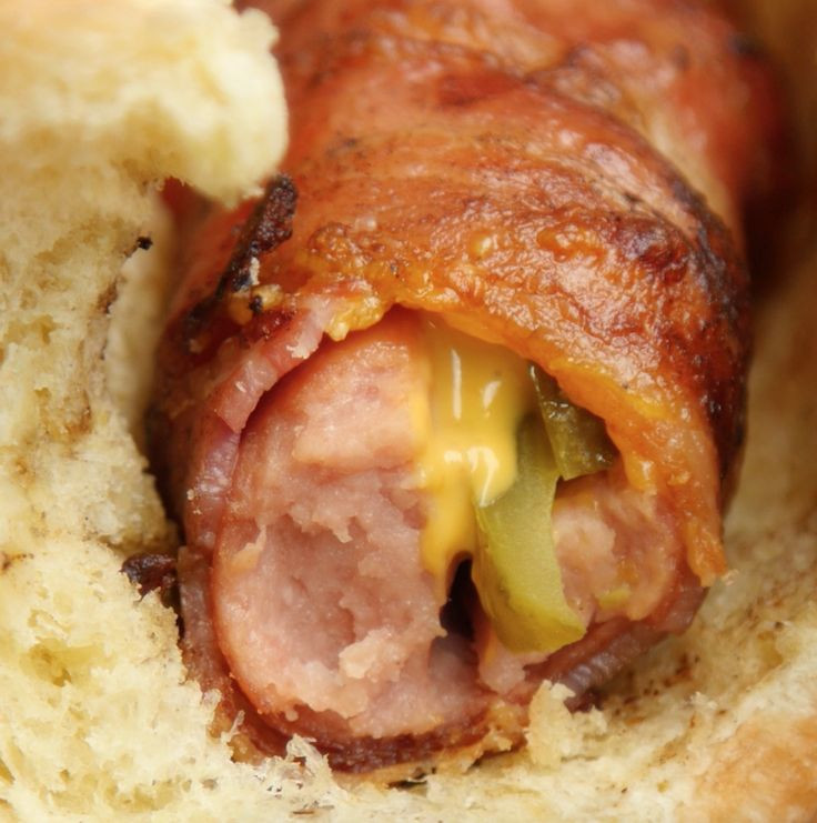 Bacon Wrapped Hot Dog Appetizers
 Bacon Wrapped Pickle Stuffed Hot Dogs
