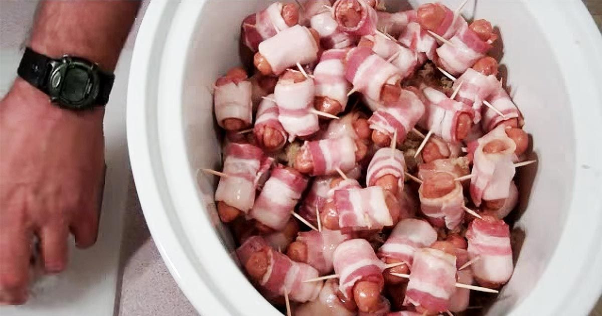 Bacon Wrapped Hot Dog Appetizers
 Bacon wrapped mini hot dogs with this in the slow cooker