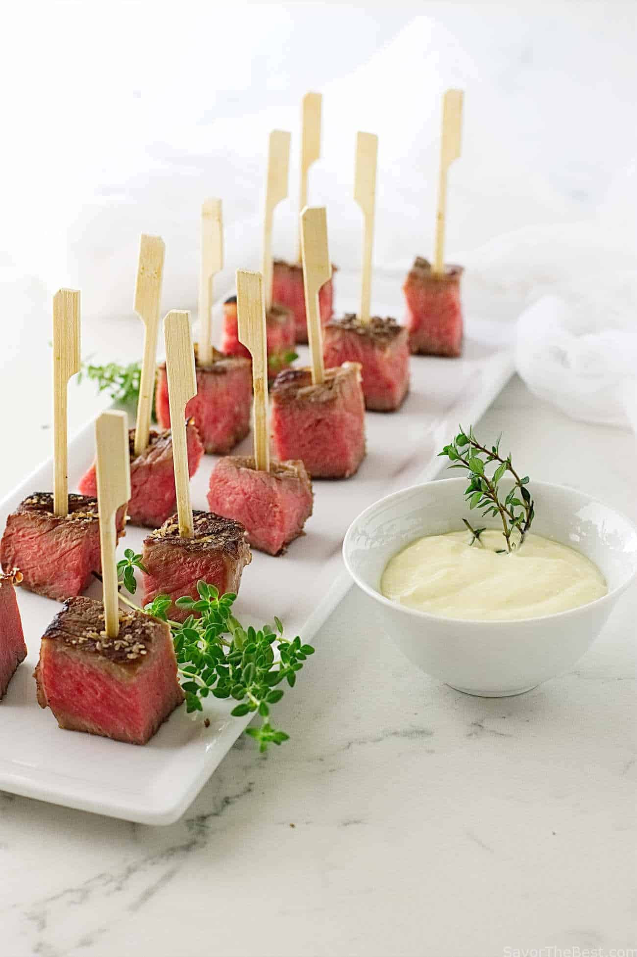 Beef Tenderloin Appetizer Recipes
 Beef Steak Bites with Fresh Horseradish Aioli Sauce