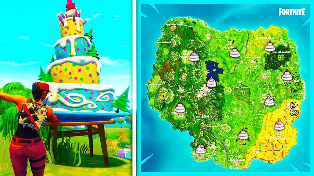Birthday Cake Locations Fortnite
 "Dance in Front of Differnet Birthday Cakes" ALL LOCATIONS