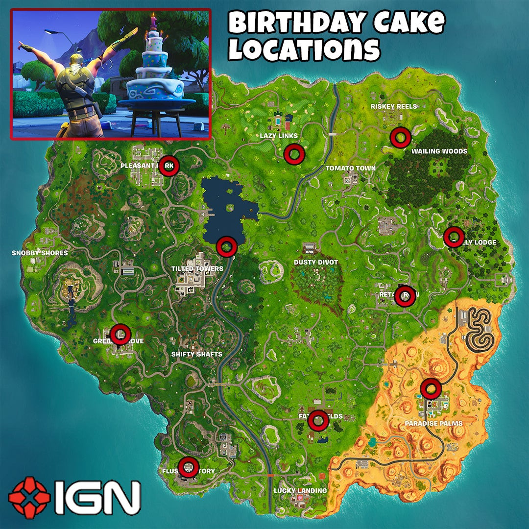 Birthday Cake Locations Fortnite
 Fortnite Birthday Challenges Dance in Front of Different