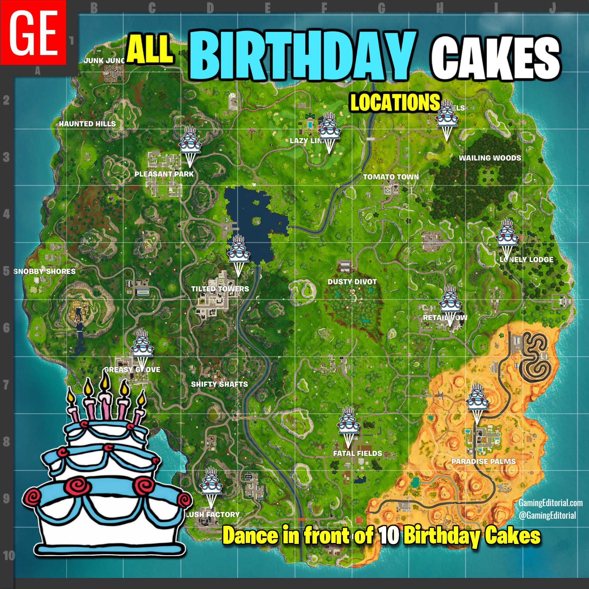 Birthday Cake Locations Fortnite
 Fortnite All Locations Map Dance at Different Birthday