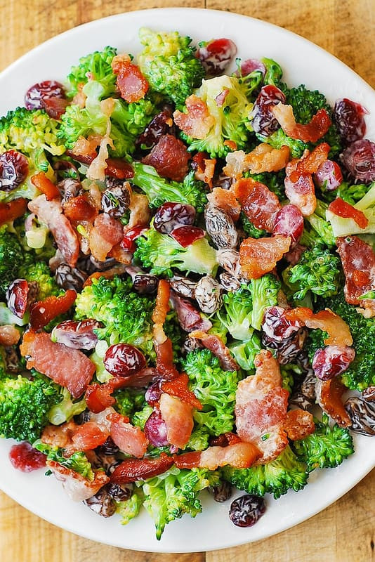 Broccoli Bacon Raisin Salad
 Broccoli Bacon Salad with Pecans Raisins and Cranberries