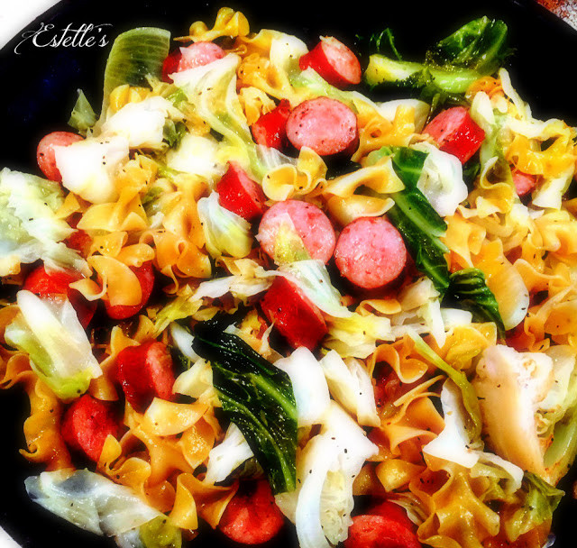 Cabbage Sausage Noodles
 Estelle s CABBAGE AND NOODLES WITH SMOKED KIELBASA