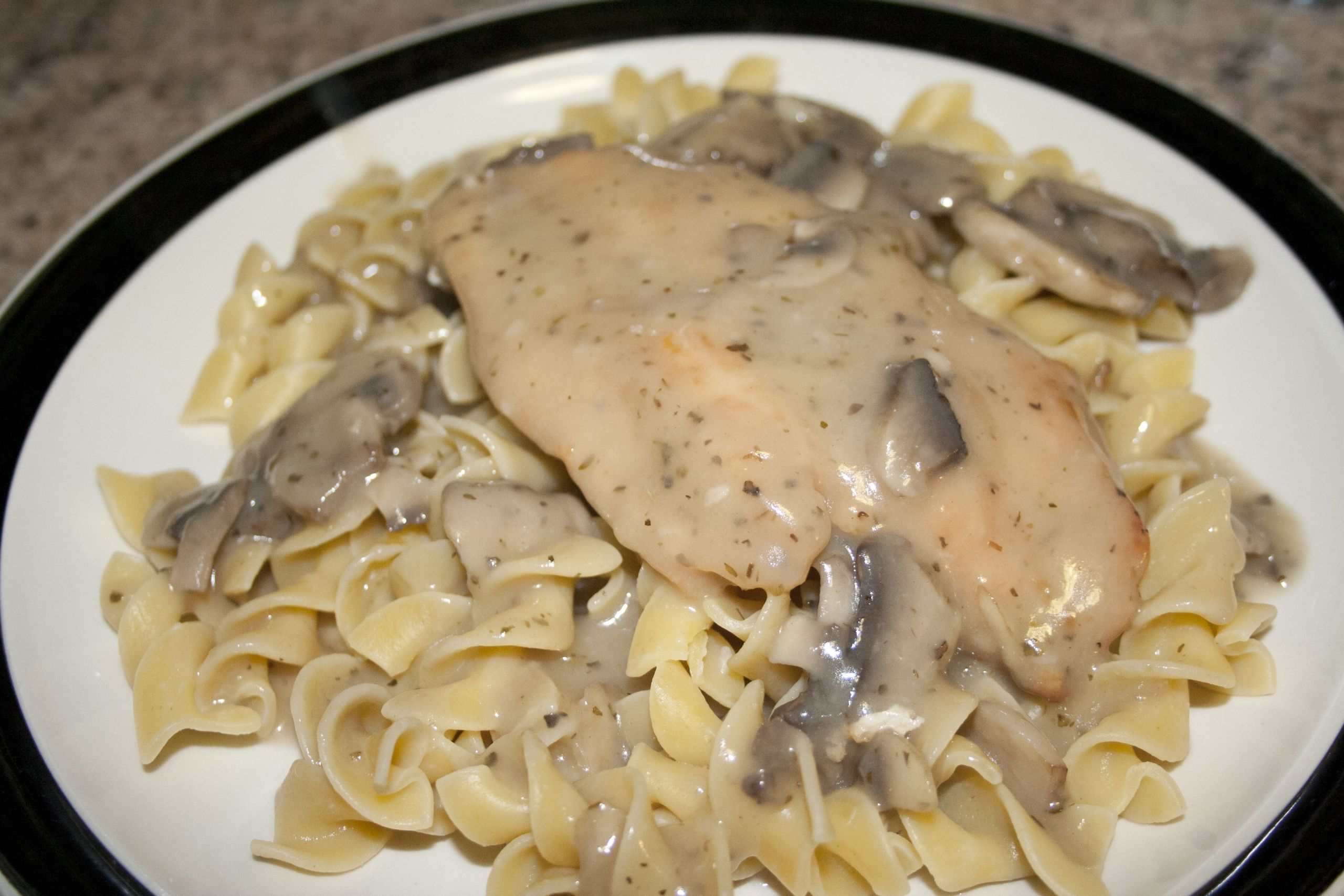 Chicken And Egg Noodles
 Chicken and Mushroom Sauce over Egg Noodles