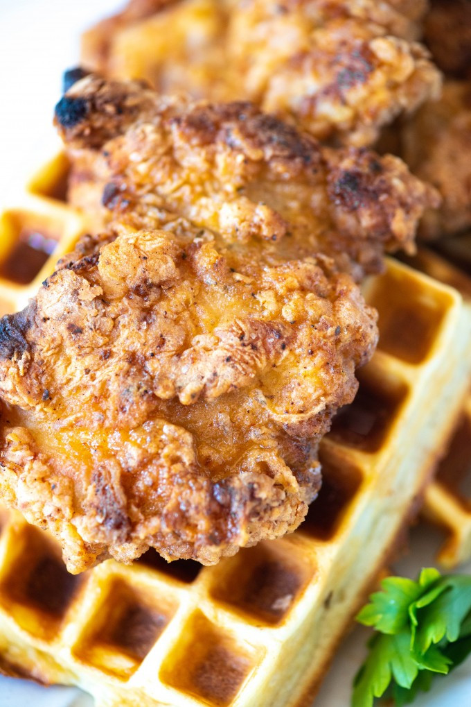 Chicken And Waffles
 Crispy Chicken and Waffles with Sriracha Honey Sauce