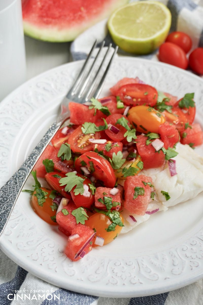 Fish Breakfast Recipe
 Fish with Chunky Tomato and Watermelon Salsa
