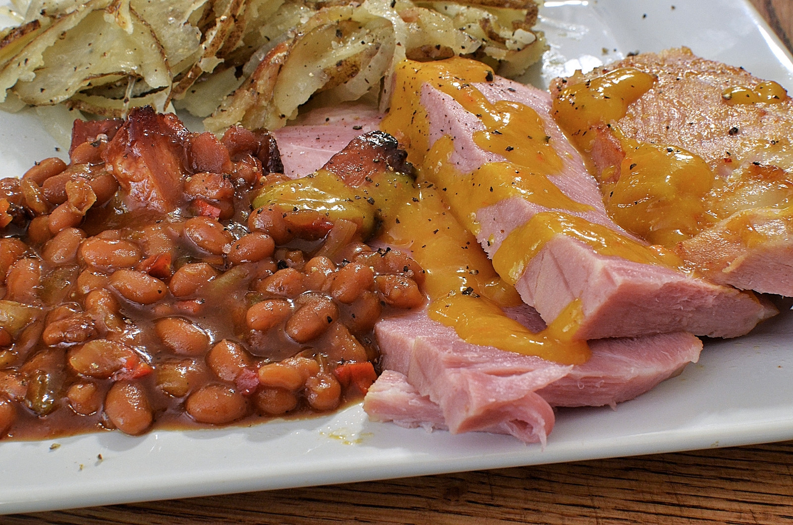 Ham Dinner Recipes
 Ham Steaks with Baked Beans and Home Fries