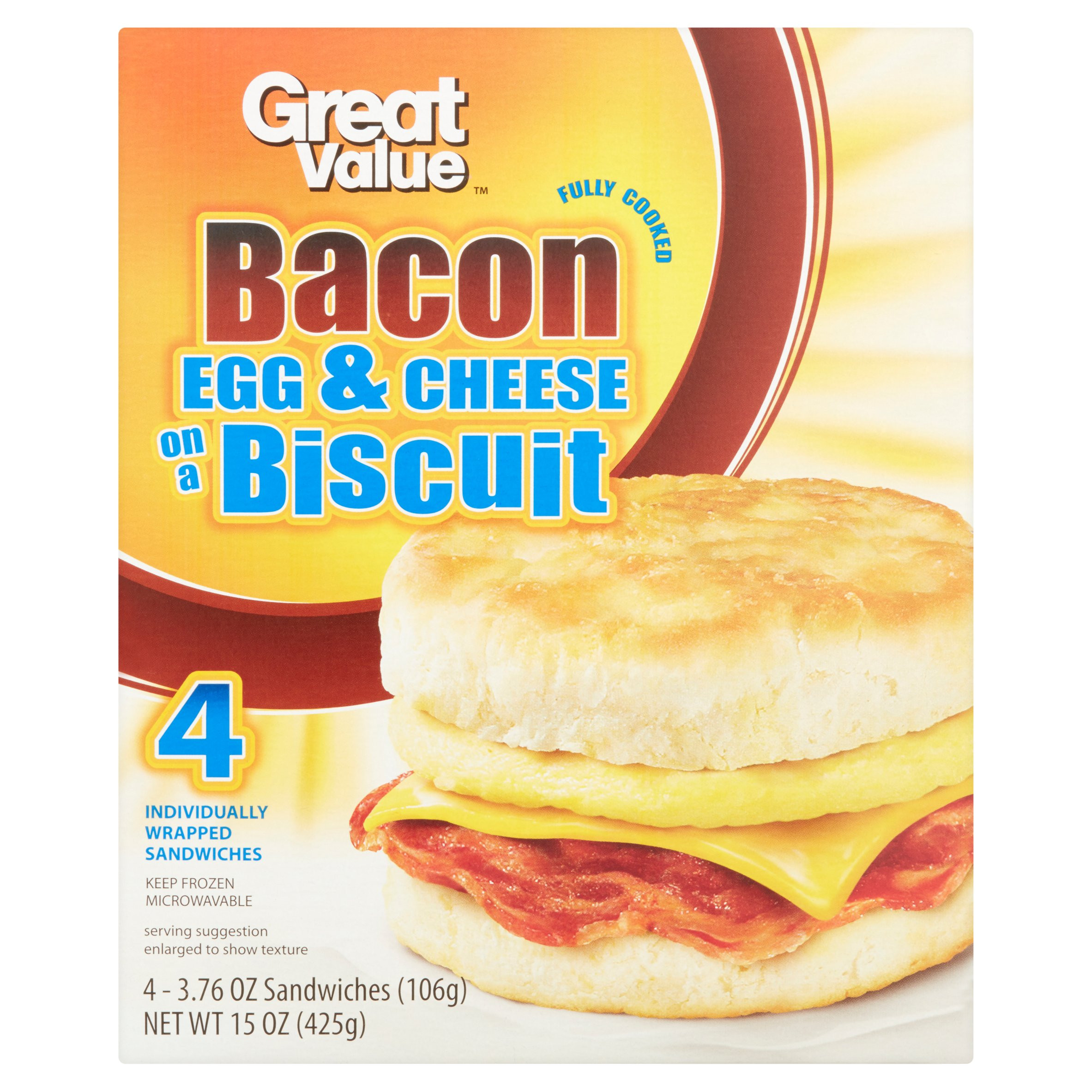 Hardee'S Bacon Egg And Cheese Biscuit
 Great Value Fully Cooked Bacon Egg & Cheese on a Biscuit