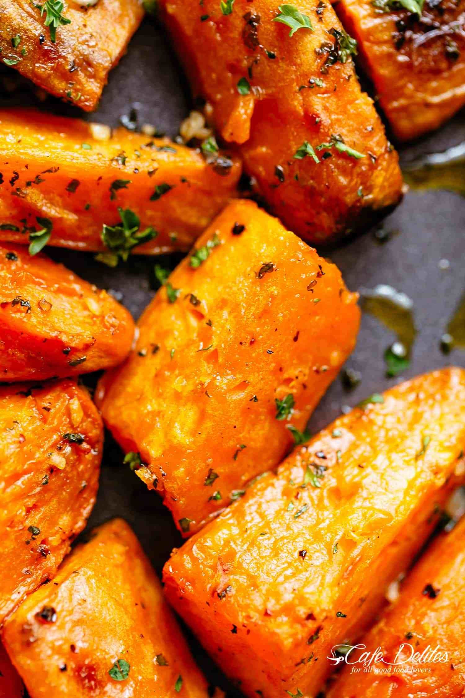 Healthy Oven Roasted Sweet Potatoes
 Roasted Sweet Potatoes with garlic herbs and olive oil