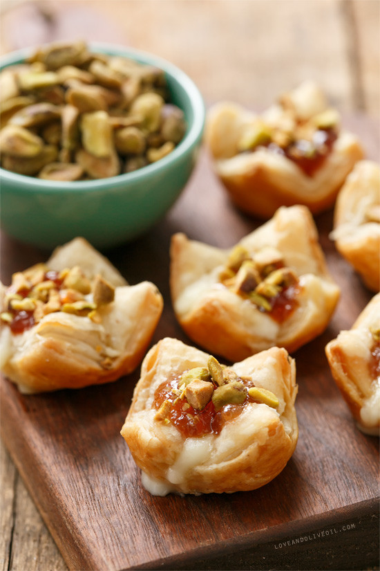 Mini Brie Puff Pastry Appetizers
 Baked Brie Puffs with Fruit Preserves and Pistachios