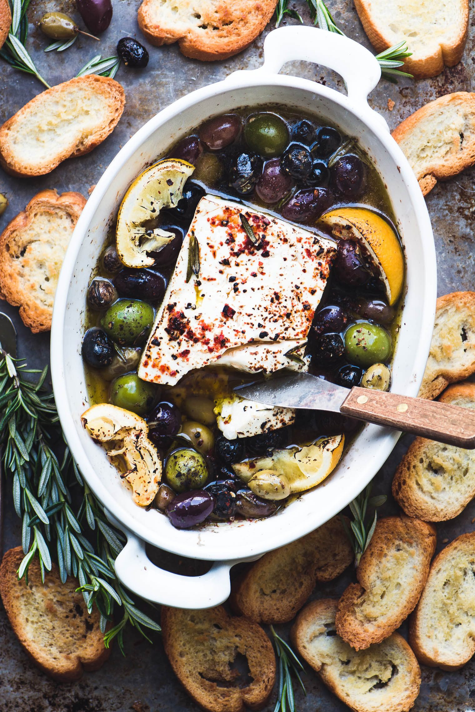 Olives And Cheese Appetizers
 Baked Feta Cheese with Olives and Lemon