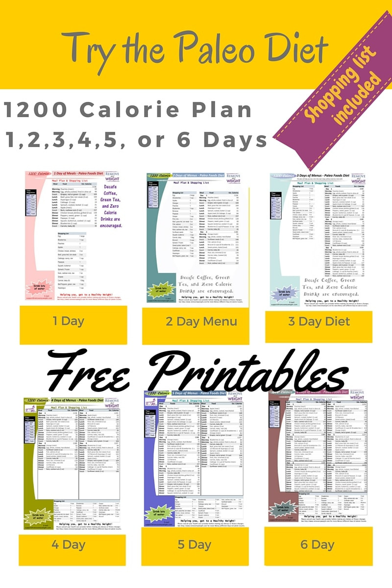 Paleo Diet Menu
 Printable 1200 Calorie Paleo Diet for 6 Days or less