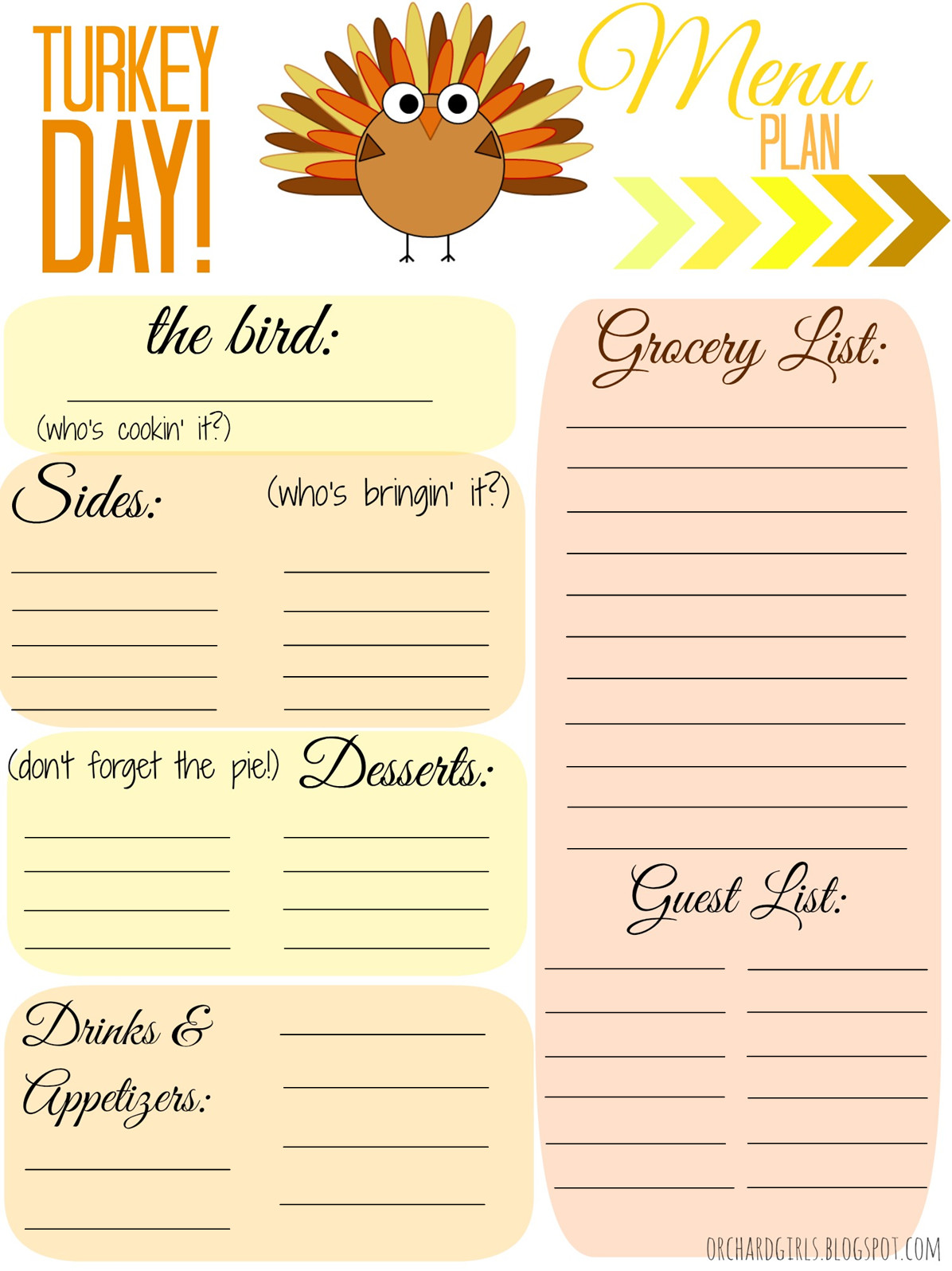 Planning Thanksgiving Dinner Checklist
 Orchard Girls FREE Thankgiving Day Menu Plan Printable