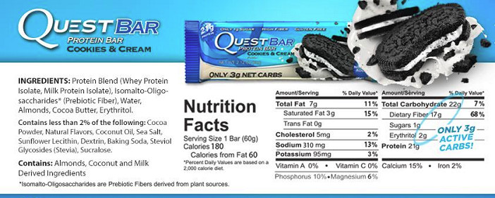 Quest Bar Cookies
 Questbar Cookies & Cream Review ly 180 kcal protein bar
