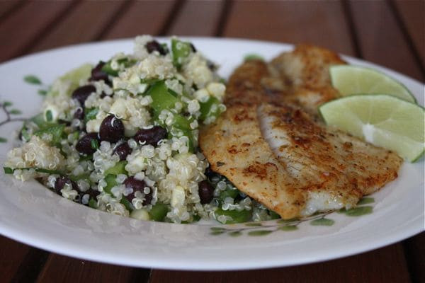 Quinoa And Fish
 Chili Rubbed Fish with Quinoa Black Bean and Corn Salad