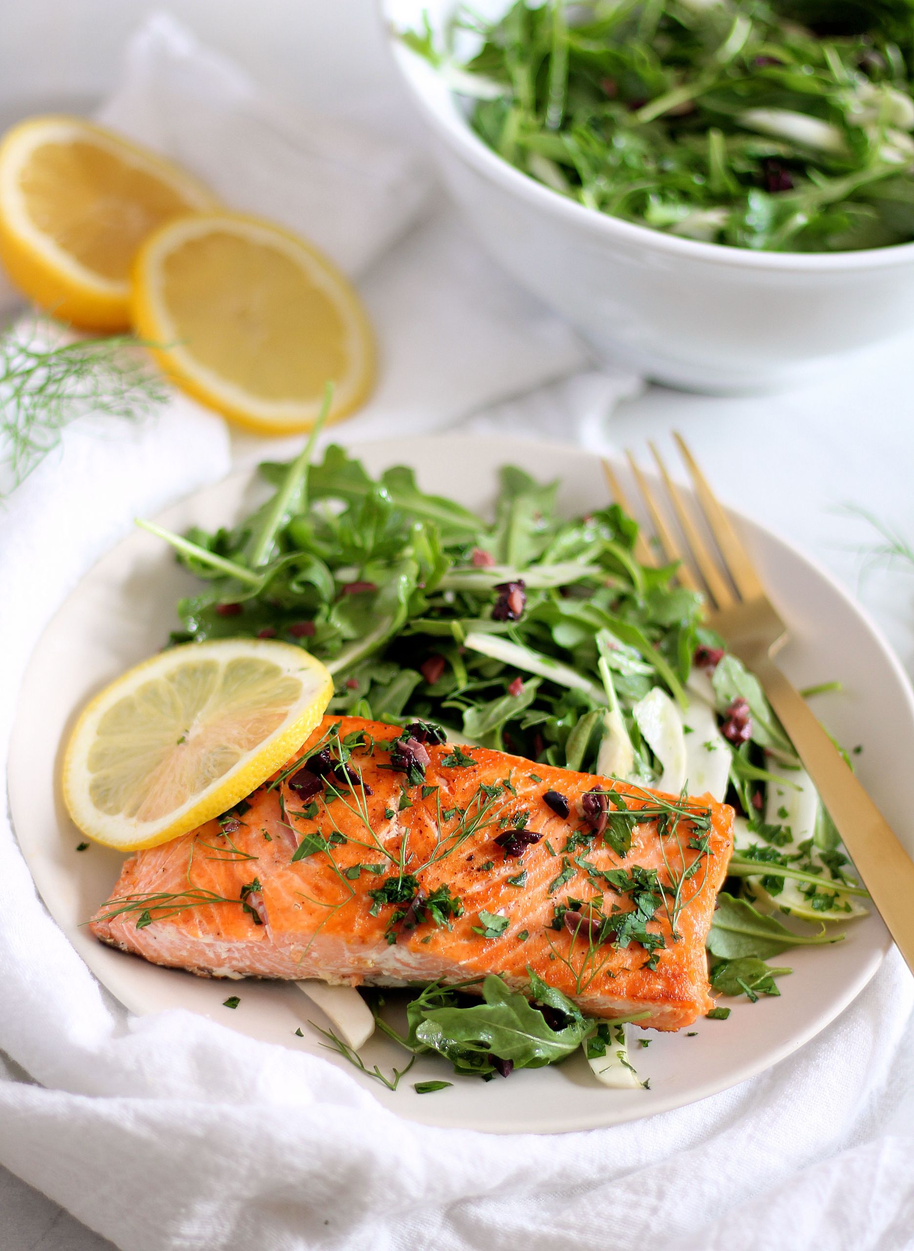 Salmon Arugula Salad
 Pan Seared Salmon with Fennel Arugula Salad – thyme & toast