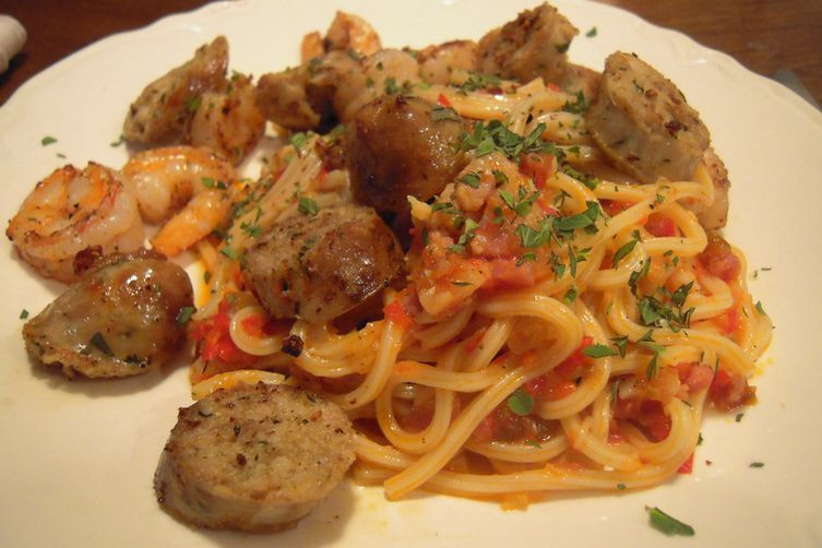 Shrimp And Sausage Pasta Red Sauce
 Pasta with Red Pepper Sauce Sausage and Shrimp Recipe on