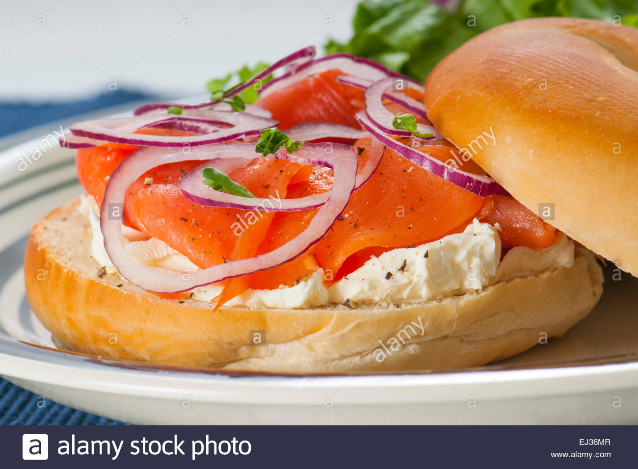 Smoked Salmon Cream Cheese Bagel
 Bagel with Smoked Salmon Lox cream cheese and red onion