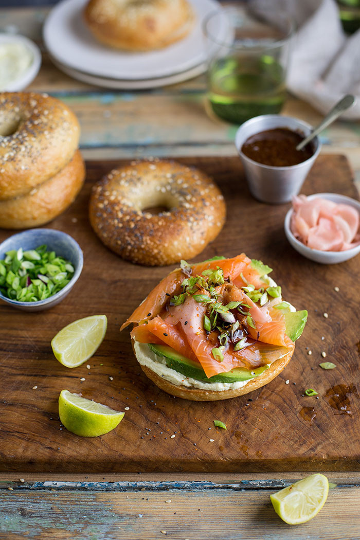 Smoked Salmon Cream Cheese Bagel
 Bagel with wasabi cream cheese smoked salmon avo and