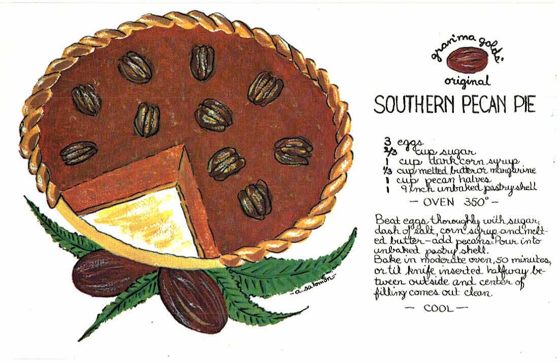 Southern Pecan Pie Recipe
 Chrome postcard Southern Pecan Pie Recipe