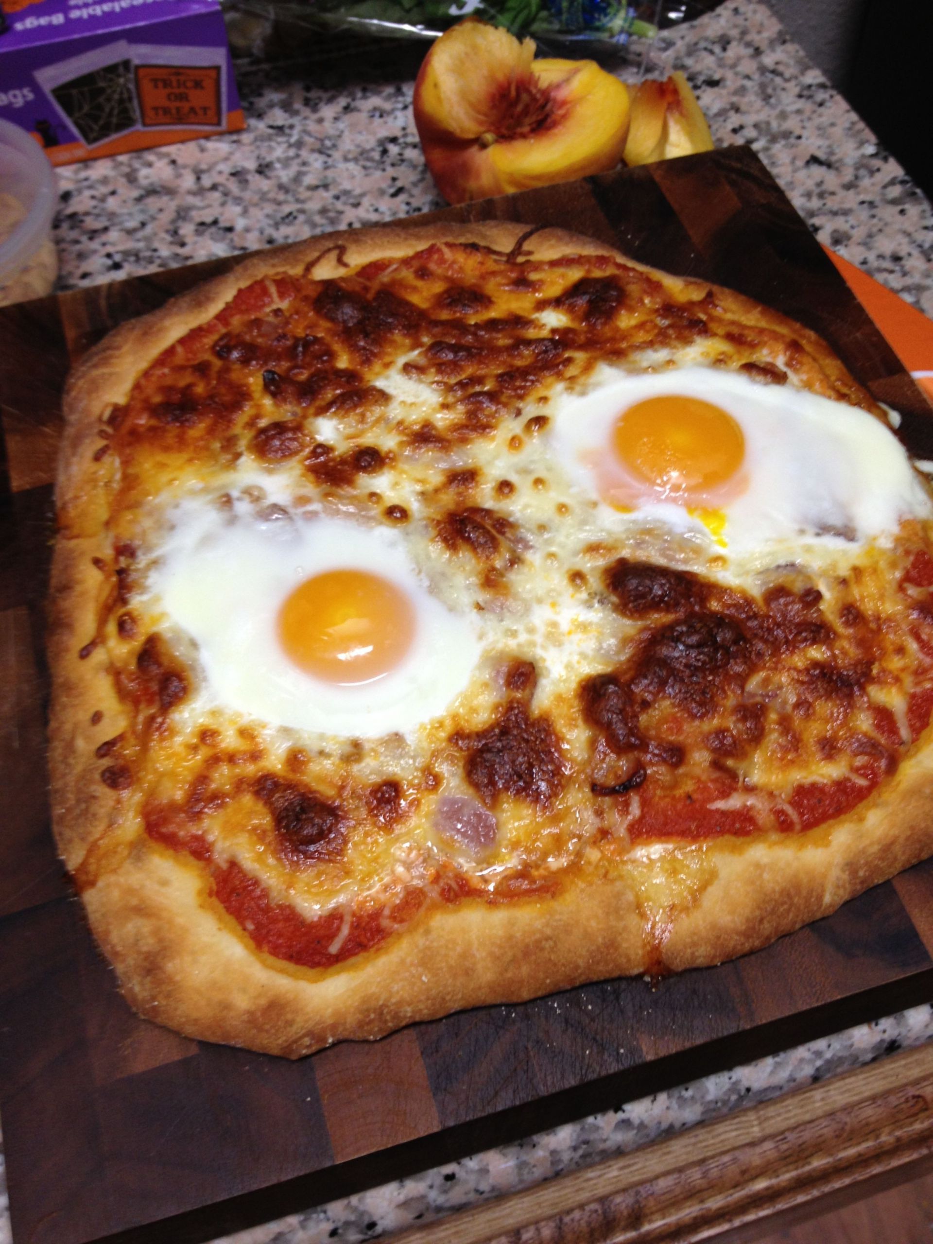 Tops Breakfast Pizza
 Breakfast cheese pizza with eggs on top