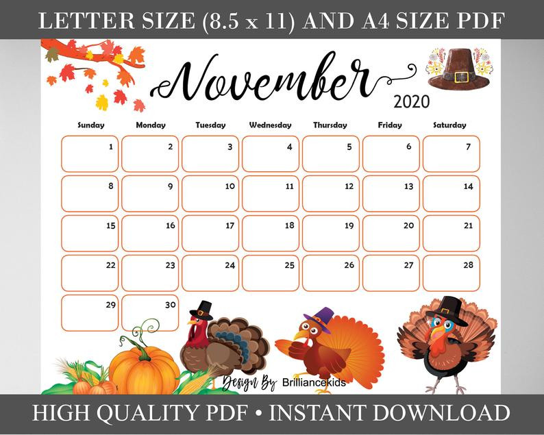 Turkey For Thanksgiving 2020
 November Month Calendar 2020 Fall Planner Printable Turkey