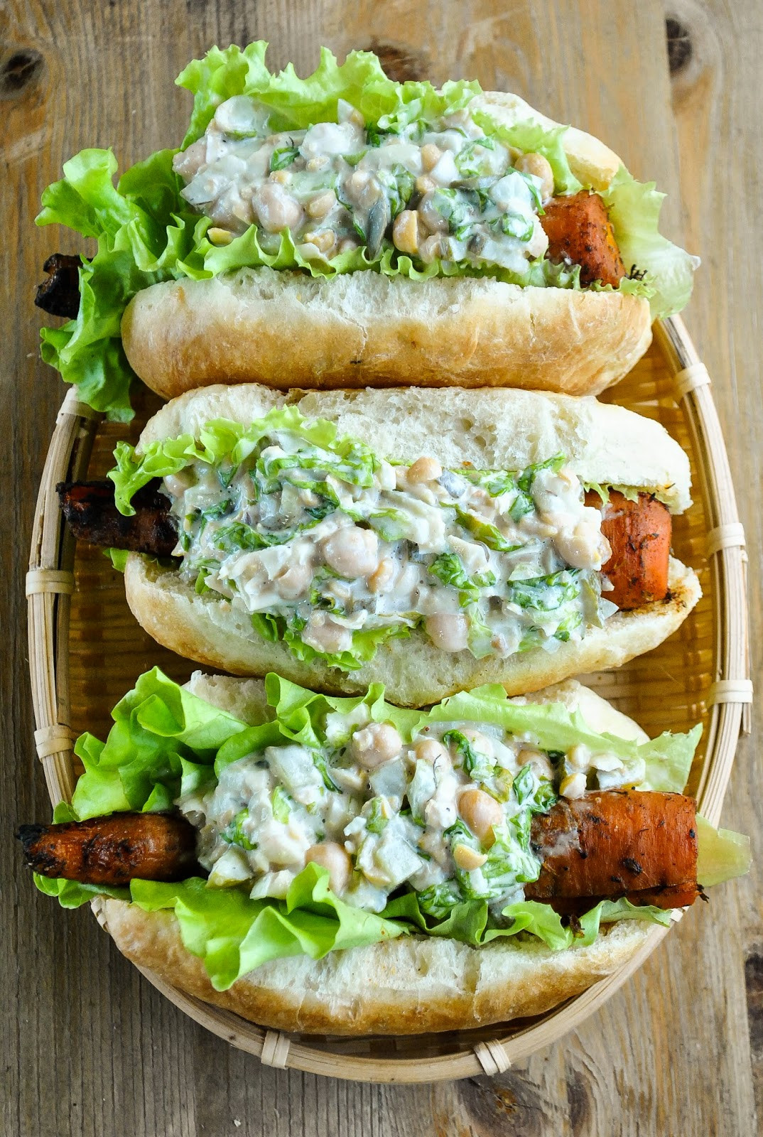 Vegan Hot Dogs
 Smoky barbecue carrot hot dogs with creamy chickpea salad