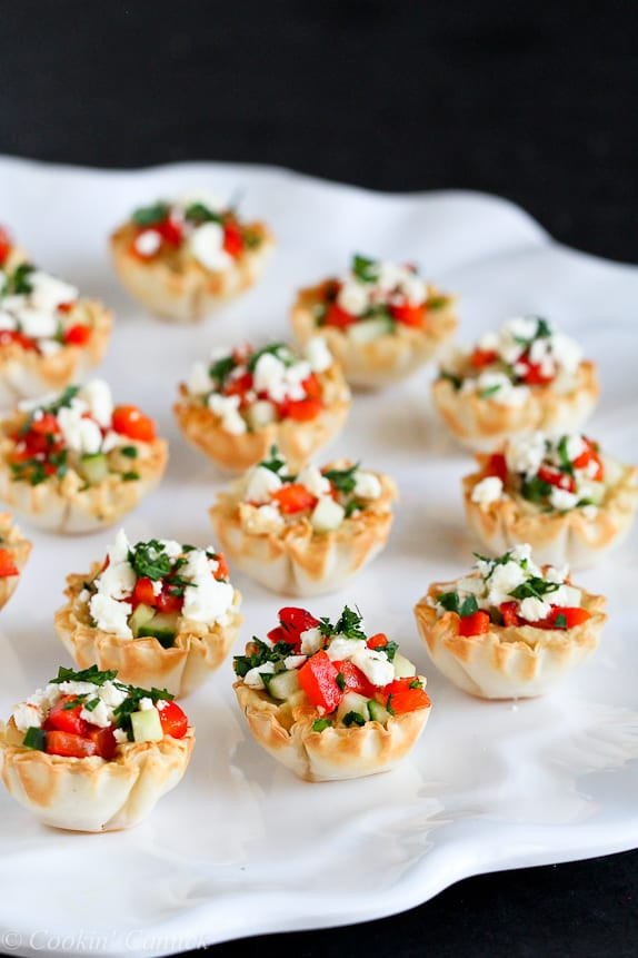 Vegetarian Party Appetizers
 Mini Hummus & Roasted Pepper Phyllo Bites Recipe