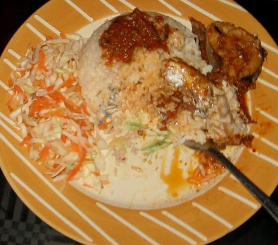 White Fish Stew
 White Rice With Mackerel Fish Stew And Cole Slaw